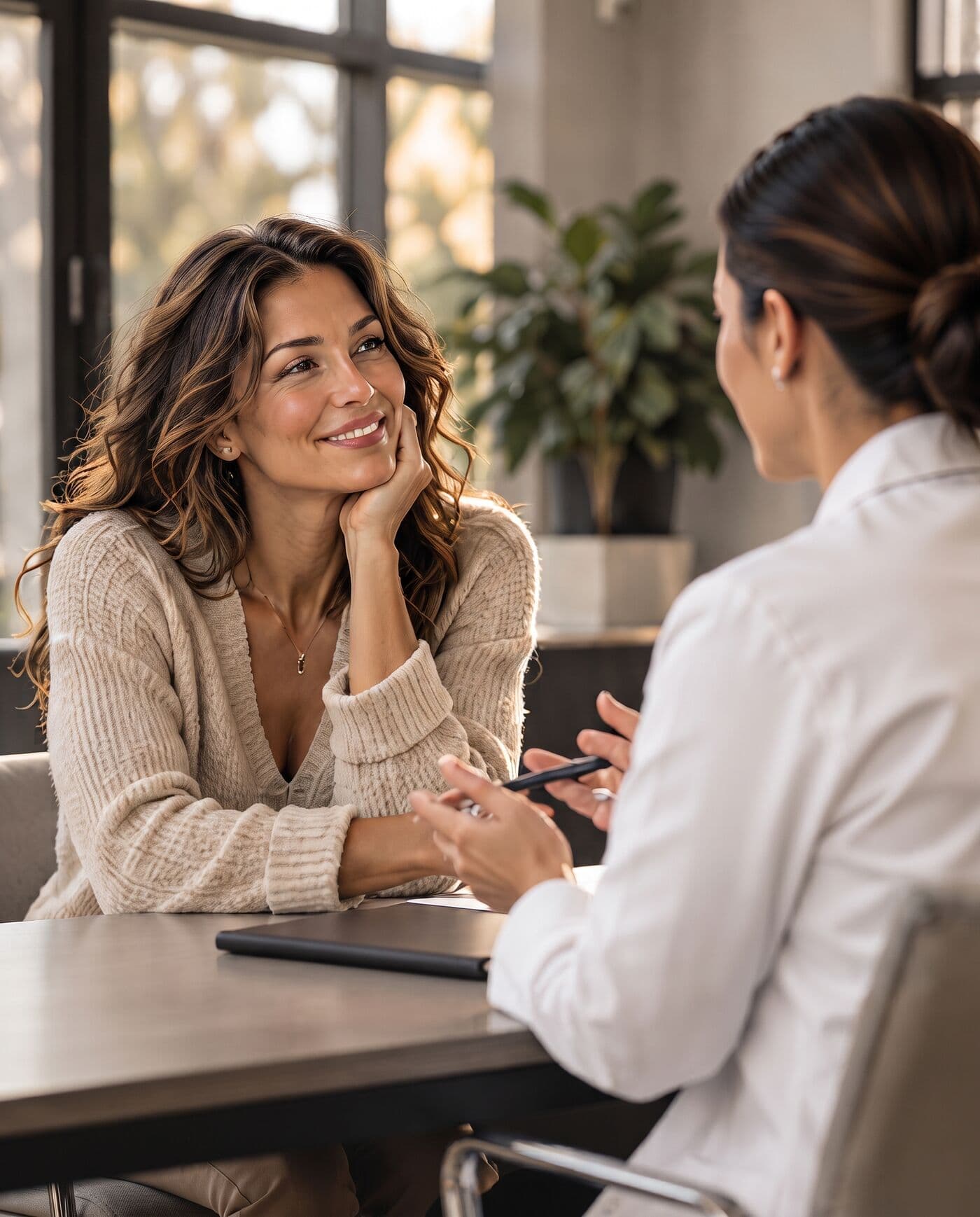 A patient smiling during a conversation with her provider
